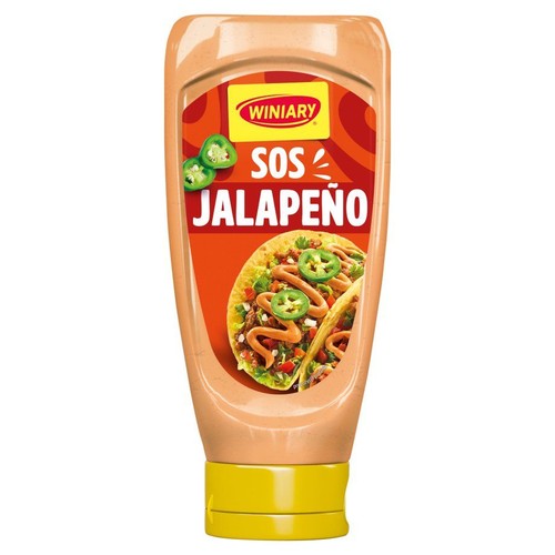 Sos Winiary Jalapeño w pomarańczowej butelce z żółtą nakrętką. Na etykiecie tacos z sosem.
