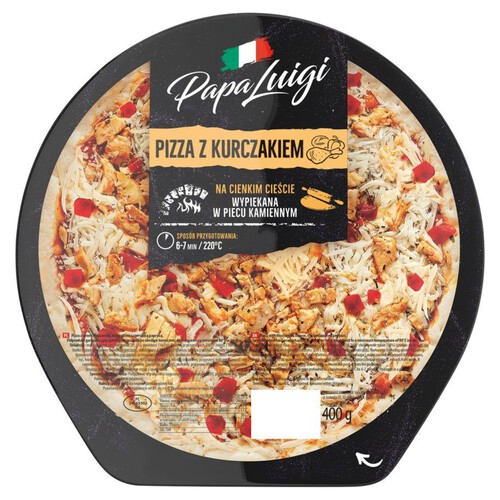 Pizza z serem Mozzarella. kurczakiem i czerwoną papryką Papa Luigi 400 g