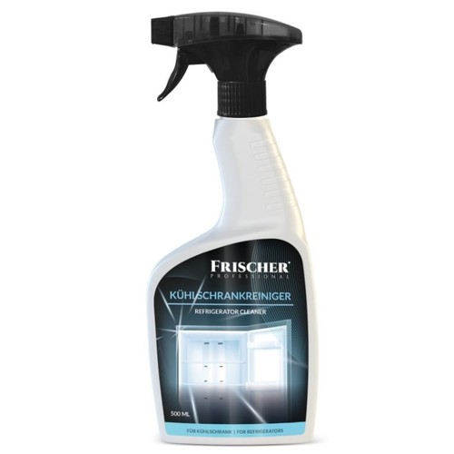 Środek do czyszczenia lodówek Frischer Professional, 500 ml. Biała butelka z czarnym spryskiwaczem. Na etykiecie widnieje nazwa produktu w języku niemieckim i angielskim oraz grafika wnętrza lodówki.