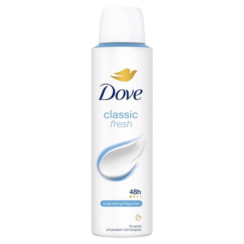 Cylindryczna, biała puszka antyperspirantu Dove Classic Fresh 150 ml. Posiada białą zatyczkę i niebieskie detale.