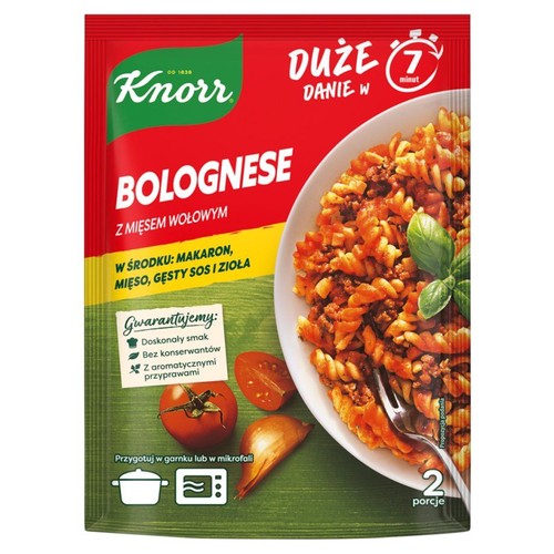 Knorr Bolognese z mięsem wołowym, szybkie danie na 2 porcje. W środku makaron, mięso, gęsty sos i zioła. Gotowe w 7 minut.