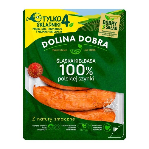 Dolina Dobra Kiełbasa Śląska, 100% polskiej szynki. Tylko 4 składniki, bez konserwantów. Dobry skład.