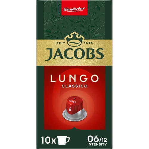 Jacobs Lungo Classico, opakowanie 10 kapsułek kawy. Zielono-czerwone pudełko z grafiką kapsułki i napisem "Wspaniały".