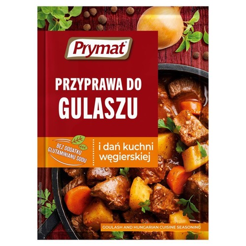 Czerwone opakowanie przyprawy Prymat do gulaszu i dań węgierskich. Na etykiecie grafika gulaszu. Produkt bez glutaminianu sodu.