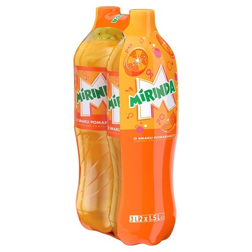 Dwupak napoju Mirinda o smaku pomarańczowym. Dwie butelki po 1.5 litra, łącznie 3 litry. Etykieta z pomarańczami.
