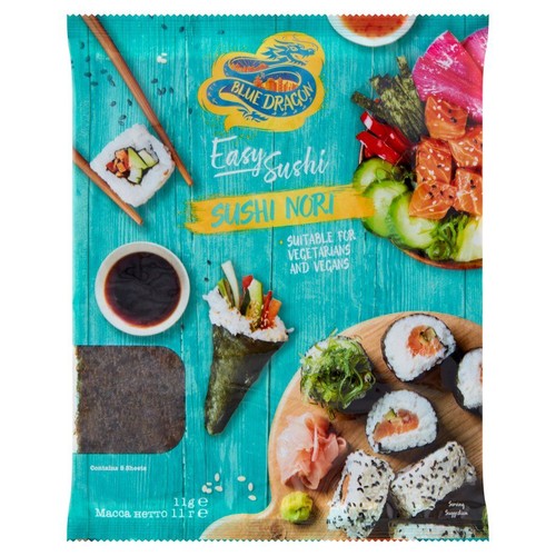 Niebieskie opakowanie Blue Dragon Sushi Nori 11g, z 8 listkami alg. Widoczne przykłady podania sushi.