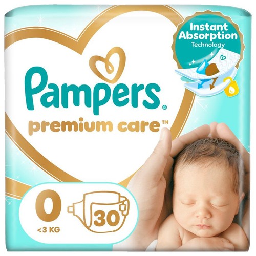 Opakowanie pieluszek Pampers Premium Care, rozmiar 0, dla dzieci poniżej 3 kg, zawiera 30 sztuk. Widoczny śpiący noworodek.