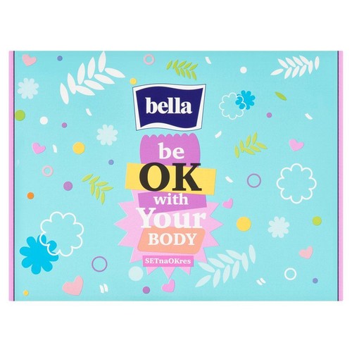 Pudełko Bella w kolorze błękitnym z hasłem "be OK with Your BODY" i "SETnaOKres". Wzory liści, kwiatów i kropek.