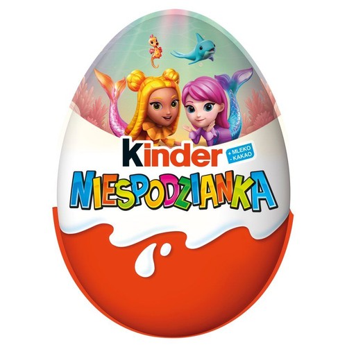 Opakowanie Kinder Niespodzianka z motywem podwodnym. Widoczne syreny, konik morski i delfin. Napis "+ MLEKO + KAKAO".