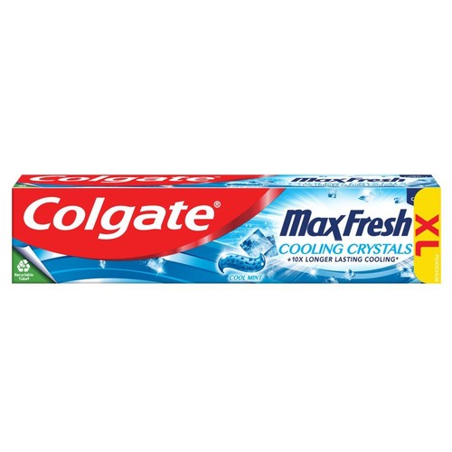Pudełko pasty do zębów Colgate MaxFresh z grafiką lodu i fal. Informacja o tubce nadającej się do recyklingu.