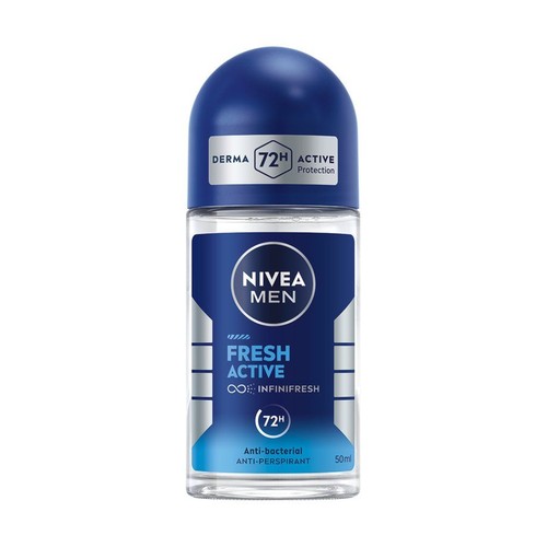 Niebieski antyperspirant NIVEA MEN Fresh Active w szklanej butelce roll-on 50ml. Zapewnia 72h ochronę.