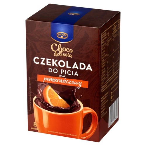 Pudełko Kruger Choco delissia, czekolada do picia o smaku pomarańczowym. Zawiera 8 saszetek. Na brązowym opakowaniu znajduje się grafika pomarańczowego kubka z czekoladą i kawałkiem pomarańczy. Produkt z obniżoną zawartością tłuszczu.