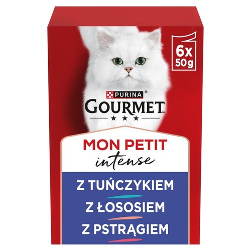 Czerwone kartonowe opakowanie karmy dla kota Purina Gourmet Mon Petit Intense, 6x50g, z tuńczykiem, łososiem i pstrągiem. Biały kot na froncie.