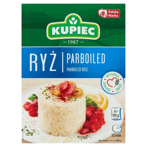 Opakowanie ryżu parboiled Kupiec, 400g (4x 100g). Na opakowaniu grafika ugotowanego ryżu z dodatkami. Polska Marka.