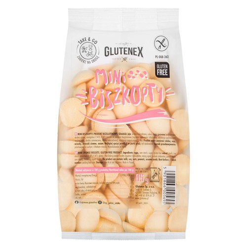 Biała torebka Glutenex Mini Biszkopty bezglutenowe, 85g. Widoczne małe, okrągłe biszkopty. Idealne na drogę.