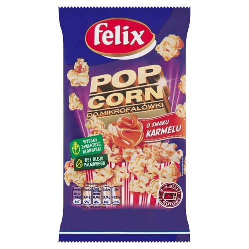 Popcorn Felix do mikrofalówki, karmelowy. Na opakowaniu grafika popcornu i karmelu. Bez oleju palmowego, wysoka zawartość błonnika.