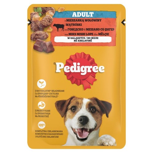 Saszetka karmy Pedigree Adult z wołowiną i wątróbką. Na żółtym tle grafika psa oraz składników. Produkt w galaretce.