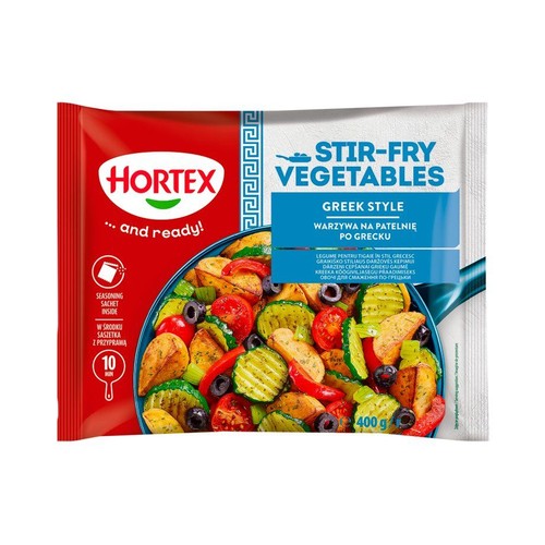 Mrożone warzywa Hortex Greek Style, 400g. Na opakowaniu grafika warzyw w patelni. Z przyprawą.