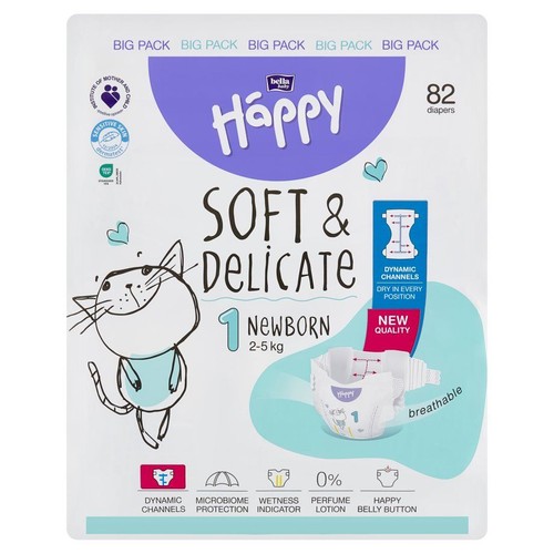Białe opakowanie pieluszek Bella Baby Happy Newborn S1 (2-5 kg) z fioletowym logo i rysunkiem kota. Zawiera 82 pieluszki.