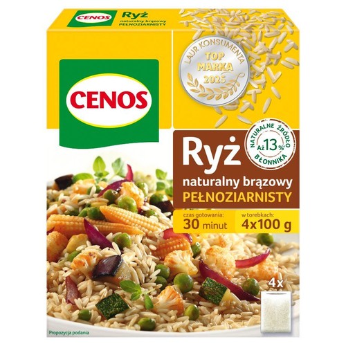 Ryż brązowy pełnoziarnisty CENOS w torebkach, 400g. Na opakowaniu widoczna propozycja podania z warzywami, m.in. groszkiem, kukurydzą i kalafiorem. Produkt wyróżniony Laur Konsumenta Top Marka 2023.