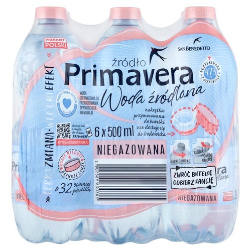 San Benedetto Primavera, woda źródlana niegazowana, 6 butelek po 500 ml. Produkt Polski, odpowiednia dla niemowląt.
