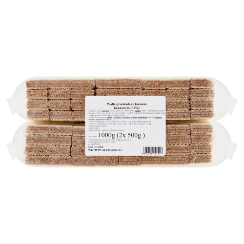 Wafle kakaowe, przekładane kremem, widoczne warstwy. Dwa opakowania po 500g każde, zapakowane w przezroczystą folię. Łącznie 1000g.