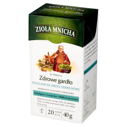 Herbatka ziołowo-owocowa Zioła Mnicha Zdrowe Gardło, polecana na drogi oddechowe. 20 torebek, 40g.