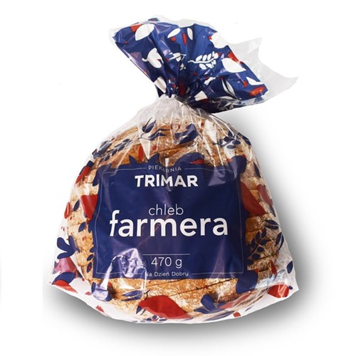 Krojony chleb farmera marki Trimar, zapakowany w folię z niebieskim wzorem. Na etykiecie widnieje waga 470 g.