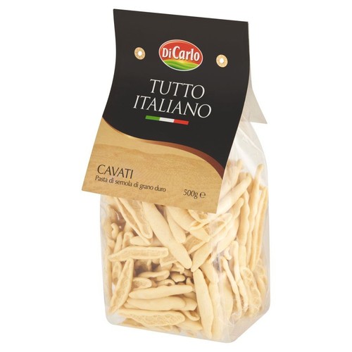 Opakowanie makaronu DiCarlo Cavati z semoliny pszenicy durum, 500g. Przezroczysta torebka z czarną etykietą "Tutto Italiano".
