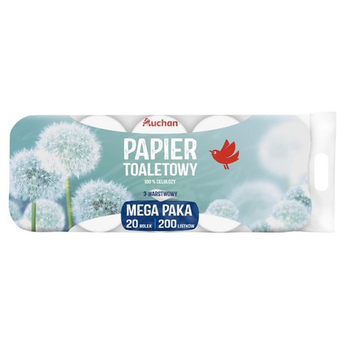 Papier toaletowy Auchan w opakowaniu Mega Paka, zawierającym 20 rolek. Każda rolka jest 3-warstwowa i wykonana ze 100% celulozy, z 200 listkami. Opakowanie ma biało-niebieskie tło z delikatną grafiką dmuchawców.