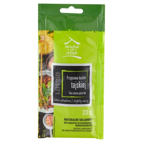 Opakowanie przyprawy tajskiej House of Asia, 20 g. Na zielonej saszetce grafika dania i napis "lekko pikantna".