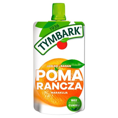 Tymbark, saszetka z musem owocowym pomarańcza, jabłko, banan, marakuja. Białe opakowanie z zieloną nakrętką, bez dodatku cukru.