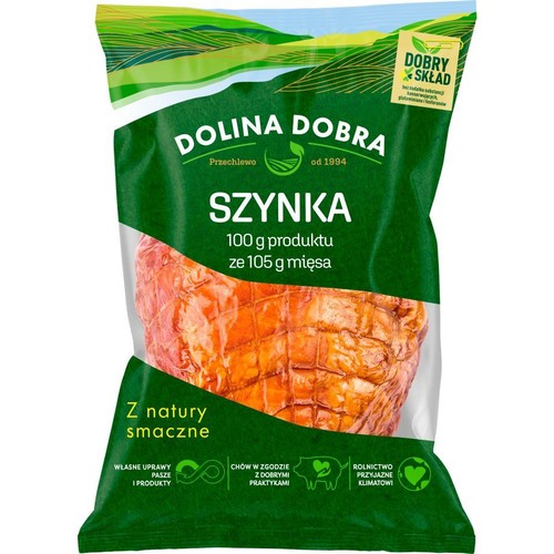 Opakowanie szynki Dolina Dobra. Zielona folia z napisem "Szynka" i informacją 100 g produktu ze 105 g mięsa.
