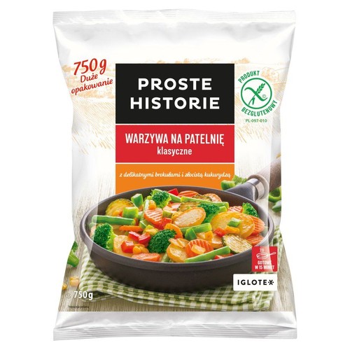 Proste Historie Warzywa na patelnię klasyczne, 750g. Produkt bezglutenowy, gotowy w 15 minut. Na opakowaniu grafika warzyw w patelni.