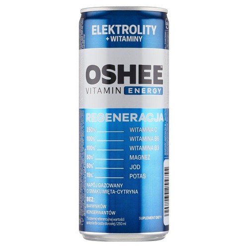OSHEE Vitamin Energy, napój gazowany z elektrolitami i witaminami. Smak mięta-cytryna, 250 ml. Bez barwników i konserwantów.