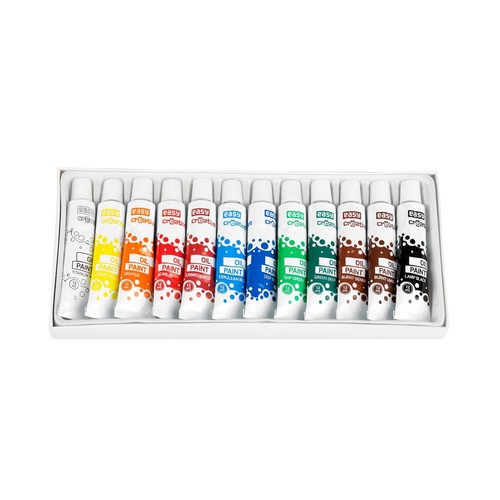 Komplet 12 farb olejnych Easy Creative w tubkach, widoczny w białym pudełku. Każda tubka ma biały korpus z kolorowym oznaczeniem i nazwą koloru, np. biel, żółty, pomarańczowy, czerwony, niebieski, zielony, brązowy, czarny.
