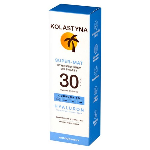 Opakowanie kremu Kolastyna Super-Mat SPF30 50ml. Biało-niebieski kartonik z logo palmy, opisem ochrony 4D i nawilżenia hialuronem.