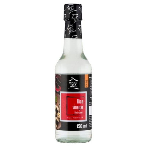 Ocet ryżowy House of Asia, 150 ml, kwasowość 5%. Butelka z czerwoną etykietą i czarną zakrętką.