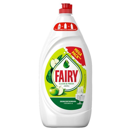 Fairy Clean & Fresh Jabłko, skoncentrowany płyn do mycia naczyń. Biała butelka z zielono-czerwoną etykietą.