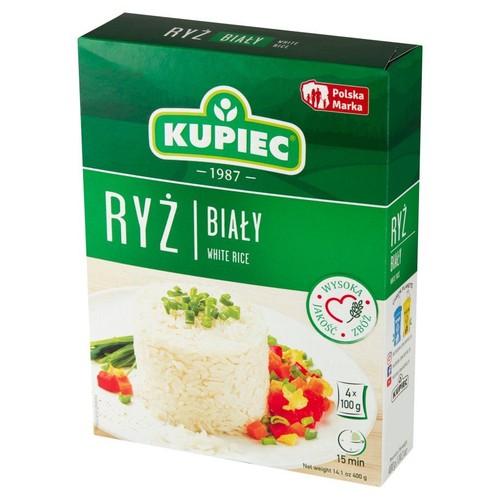 Opakowanie ryżu białego Kupiec, 400g (4x 100g). Na pudełku grafika ugotowanego ryżu z warzywami. Polska Marka.