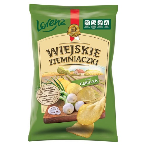 Zielona paczka chipsów Lorenz Wiejskie Ziemniaczki o smaku cebulki. Na opakowaniu grafika chipsów i cebuli.