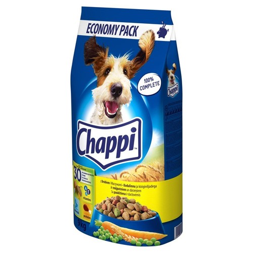 Duża niebieska torba karmy Chappi dla psa, 9 kg. Z grafiką psa i miski z suchą karmą, marchewką i groszkiem.