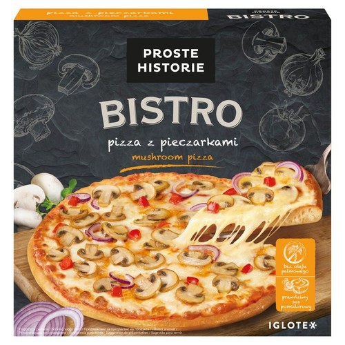 Kartonowe opakowanie pizzy Proste Historie Bistro z pieczarkami. Widoczna pizza z serem, pieczarkami i kawałkami czerwonej cebuli.