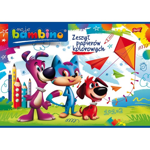 Okładka zeszytu papierów kolorowych Moje Bambino. Przedstawia trzy wesołe, kreskówkowe zwierzęta: fioletowego psa, niebieskiego kota i małego czerwonego psa. Tło wypełniają dziecięce rysunki, takie jak latawiec, papierowe samoloty, kredki i gwiazdki.