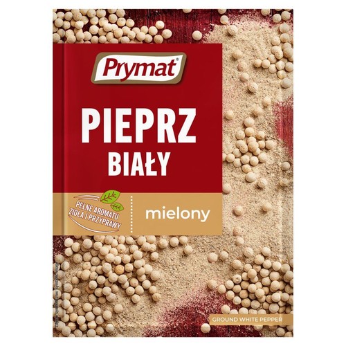 Torebka pieprzu białego mielonego Prymat 15g. Czerwono-beżowe opakowanie z logo Prymat i nazwą produktu.