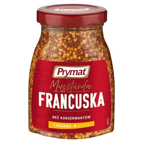 Prymat Musztarda Francuska w szklanym słoiku z czerwoną etykietą. Musztarda jest łagodna i bez konserwantów.