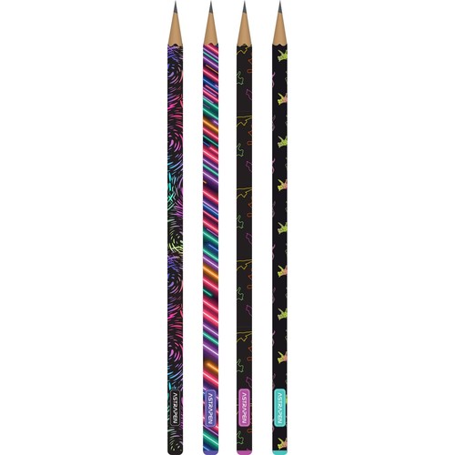 Cztery ołówki ASTRA PEN z czarnym grafitem. Każdy ma inny neonowy wzór na czarnym tle: wiry, paski, abstrakcyjne kształty i ptaki.