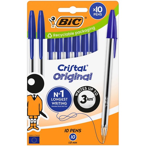 Opakowanie 10 długopisów BIC Cristal Original z niebieskimi skuwkami. Opakowanie nadaje się do recyklingu. Piszą do 3 km.