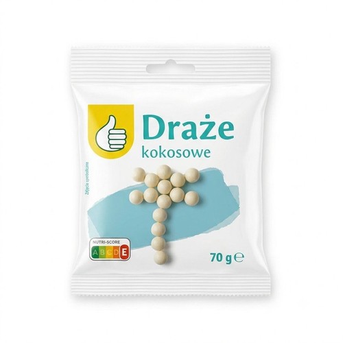 Biała, foliowa torebka draży kokosowych o wadze 70 g. Na opakowaniu widnieje żółte logo z kciukiem w górę oraz grafika przedstawiająca jasne, okrągłe draże ułożone w kształt krzyża na jasnoniebieskim tle. To zdjęcie symboliczne produktu.