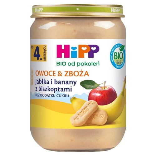 Słoiczek HiPP BIO Owoce & Zboża dla niemowląt po 4. miesiącu. Smak jabłka, banany i biszkopty, bez dodatku cukru.